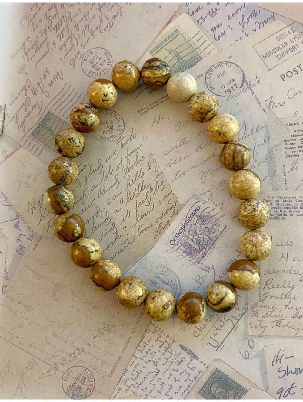 Vintage Natural Earthy Jasper Stone Beaded Stretch Bracelet for Everyday Wear